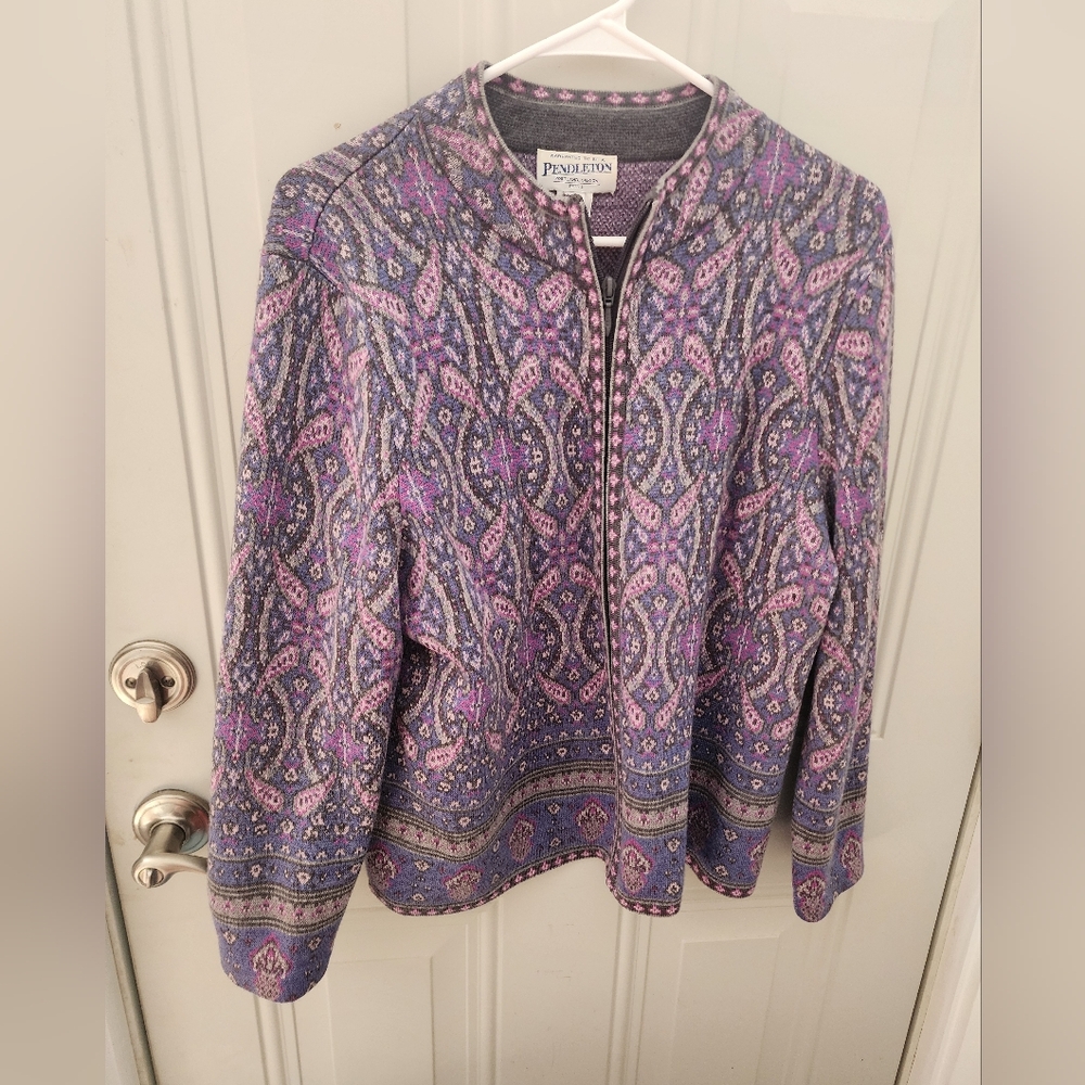 Pendleton Women's Large Petite Merino Paisley Wool Full Zip Up Sweater Cardigan